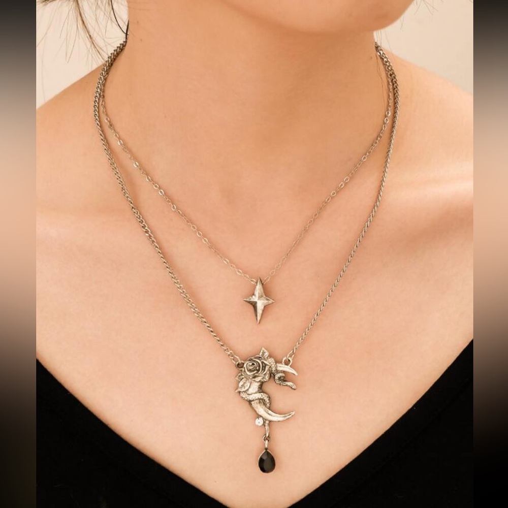 🐍 Awesome Layered Snake Rose Crescent Moon Star Necklace 🌙